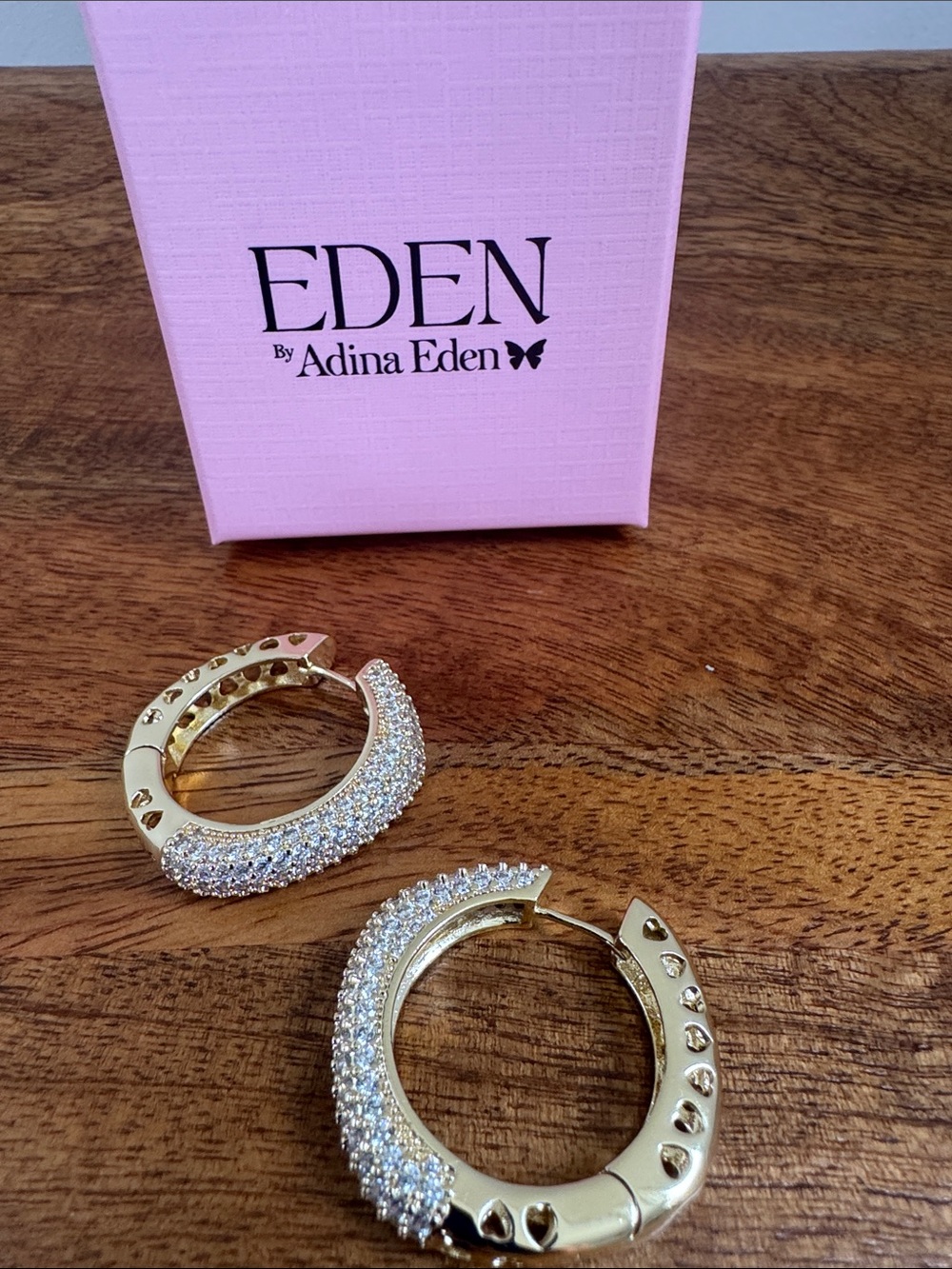 Adina Eden NWT Gold Crystal Pavé Heart Accent Hoop Earrings with box